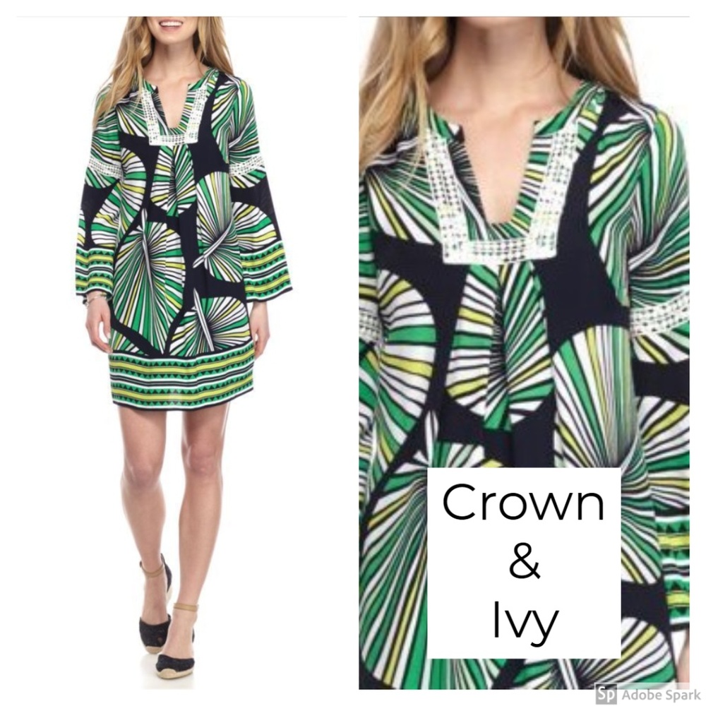 NWT Crown & Ivy Long Sleeve Leaf‎ Print Shift Dress